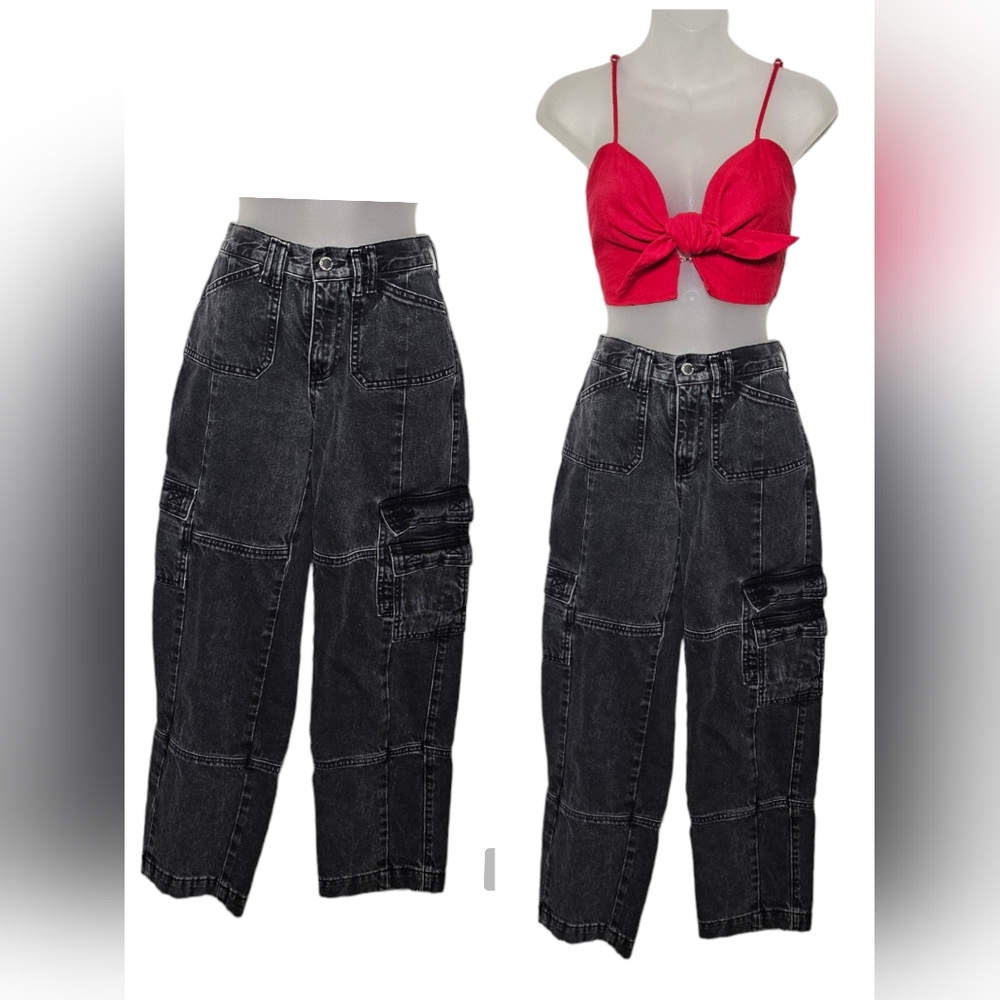 Topshop Boutique Black Denim Cargo Straight Leg Jeans Sz 2